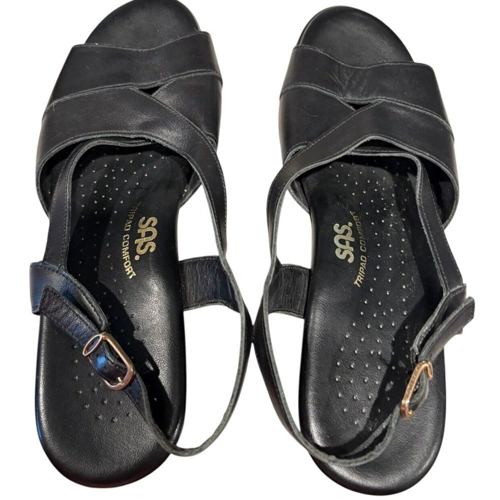 SAS Women's Sandals 7.5 M Tripad Comfort Adjustable Strap‎ Slingback Wedge Black